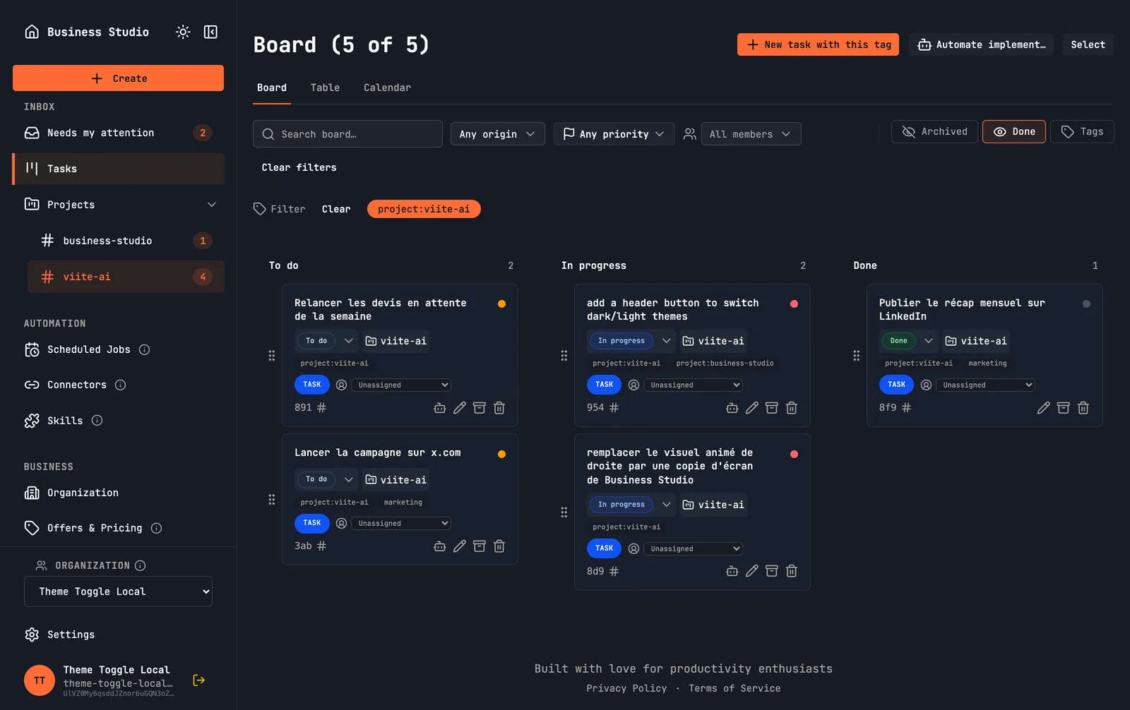 Le tableau de bord Business Studio : le board unifié des tâches, avec ses colonnes, ses filtres et son menu latéral