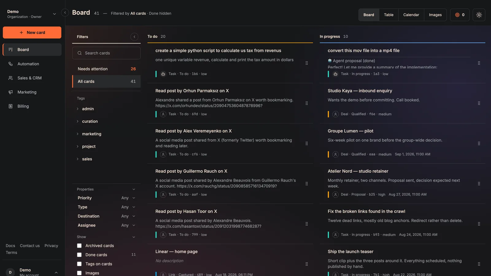 The Business Studio dashboard: the unified task board with its columns, filters and sidebar