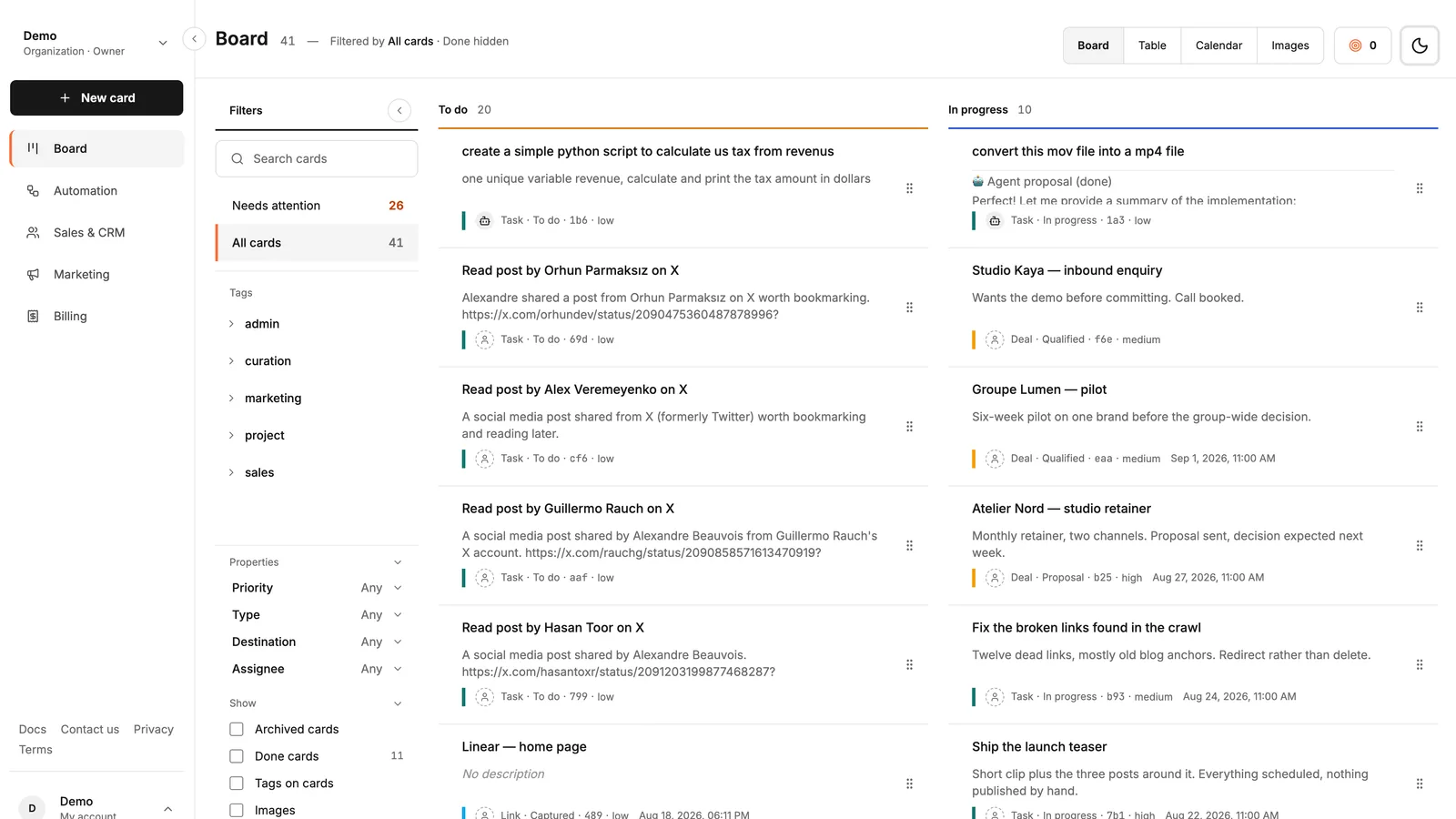 The Business Studio dashboard: the unified task board with its columns, filters and sidebar