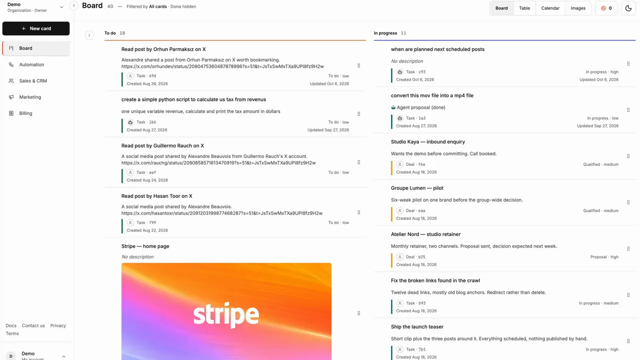 Le board de Business Studio, avec ses colonnes À faire et En cours